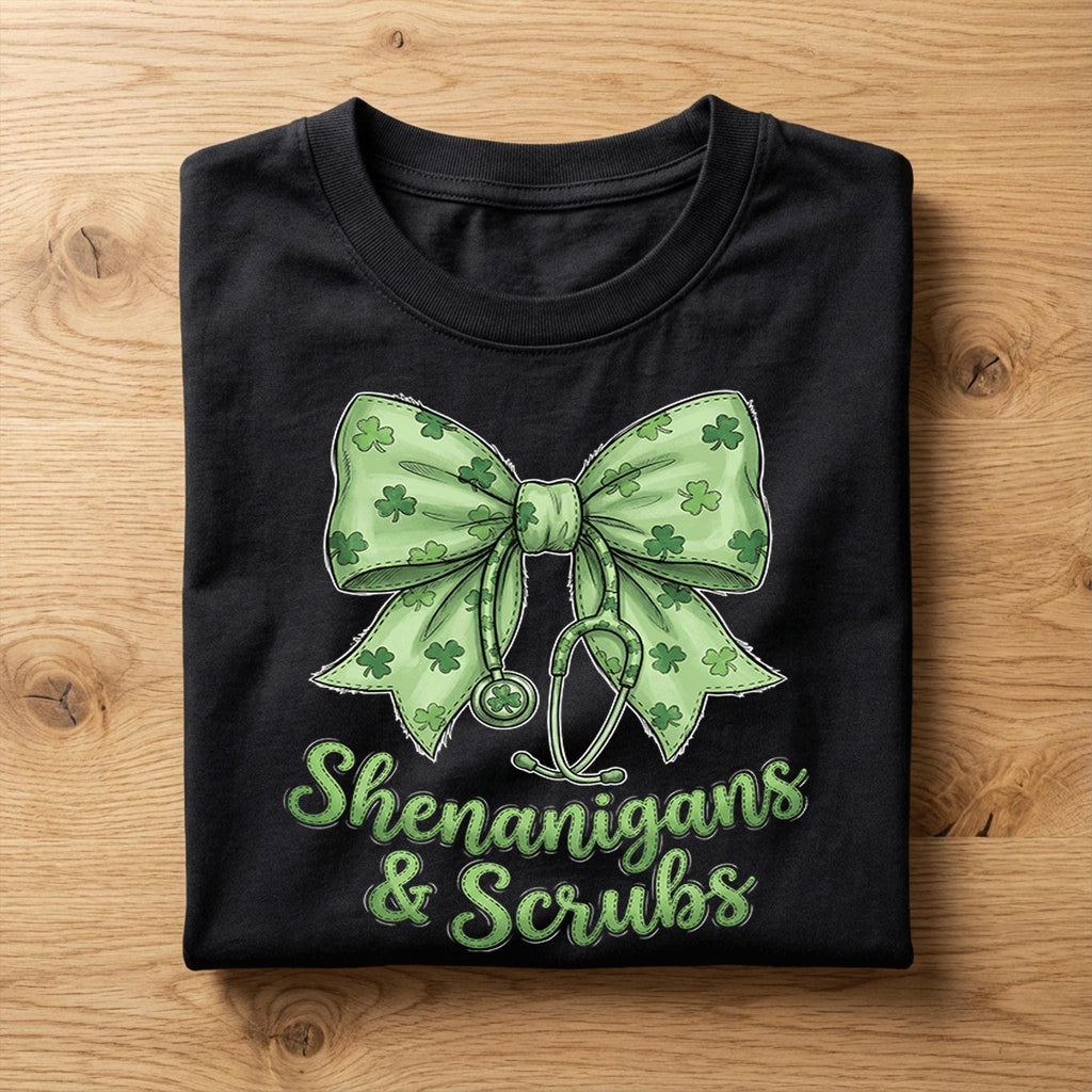 Shenanigans And Scrubs Shirt Nurse St Patricks Day Tee Green Shamrock Bow Medical Gift for Women Healthcare, Nurse Saint Patty's Sweatshirt