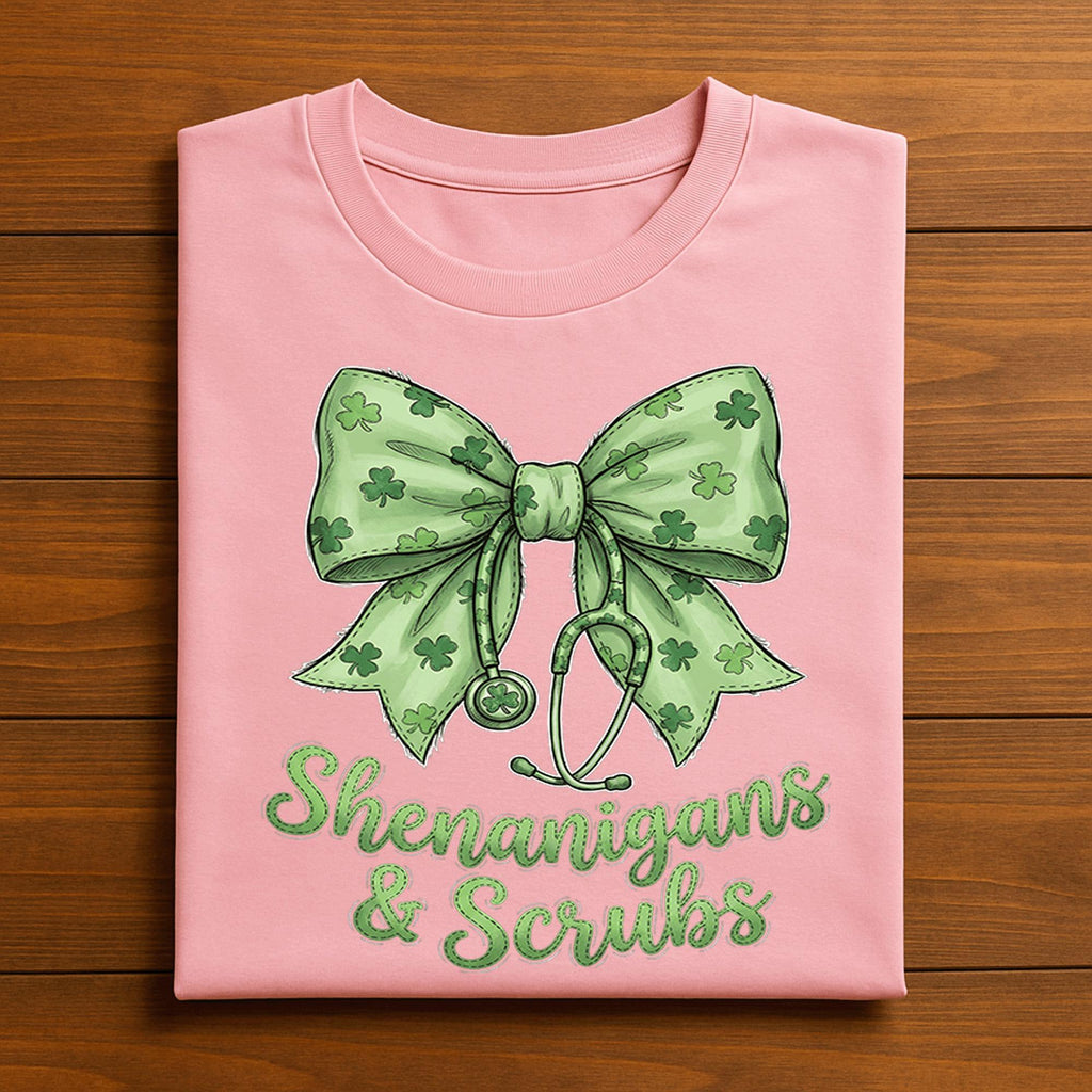Shenanigans And Scrubs Shirt Nurse St Patricks Day Tee Green Shamrock Bow Medical Gift for Women Healthcare, Nurse Saint Patty's Sweatshirt