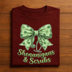 Shenanigans And Scrubs Shirt Nurse St Patricks Day Tee Green Shamrock Bow Medical Gift for Women Healthcare, Nurse Saint Patty's Sweatshirt