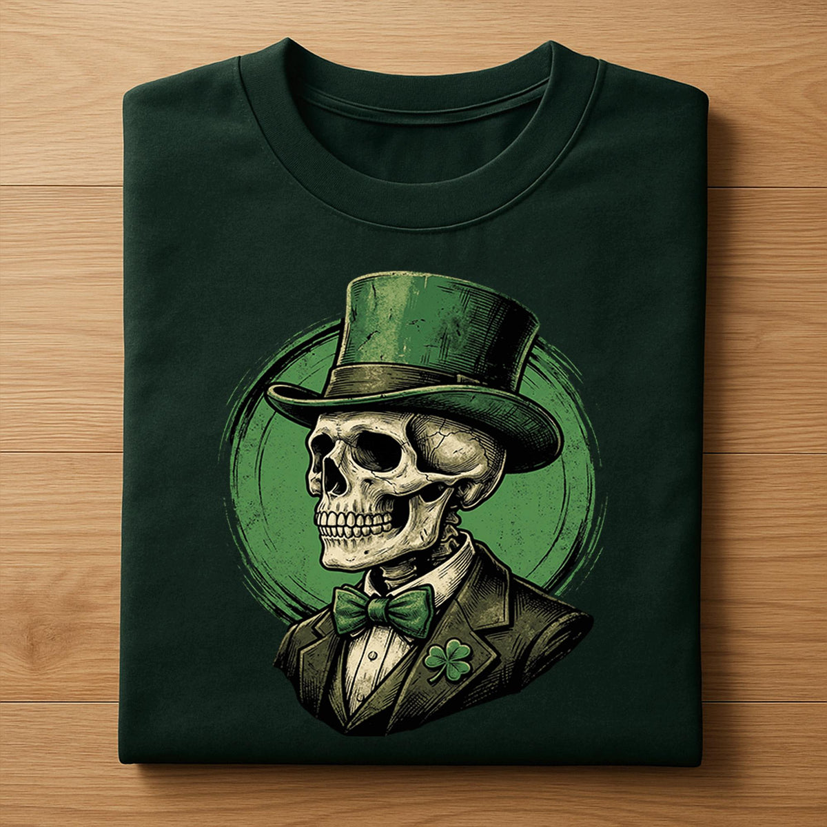 Vintage skeleton in green top hat and shamrock suit for gothic Irish St Patrick’s Day tee, creepy skull holiday shirt