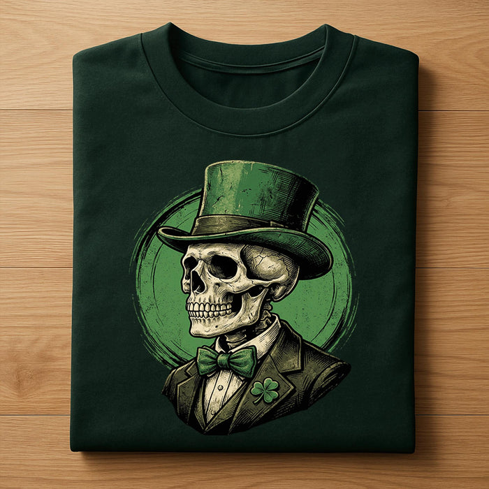 Vintage skeleton in green top hat and shamrock suit for gothic Irish St Patrick’s Day tee, creepy skull holiday shirt