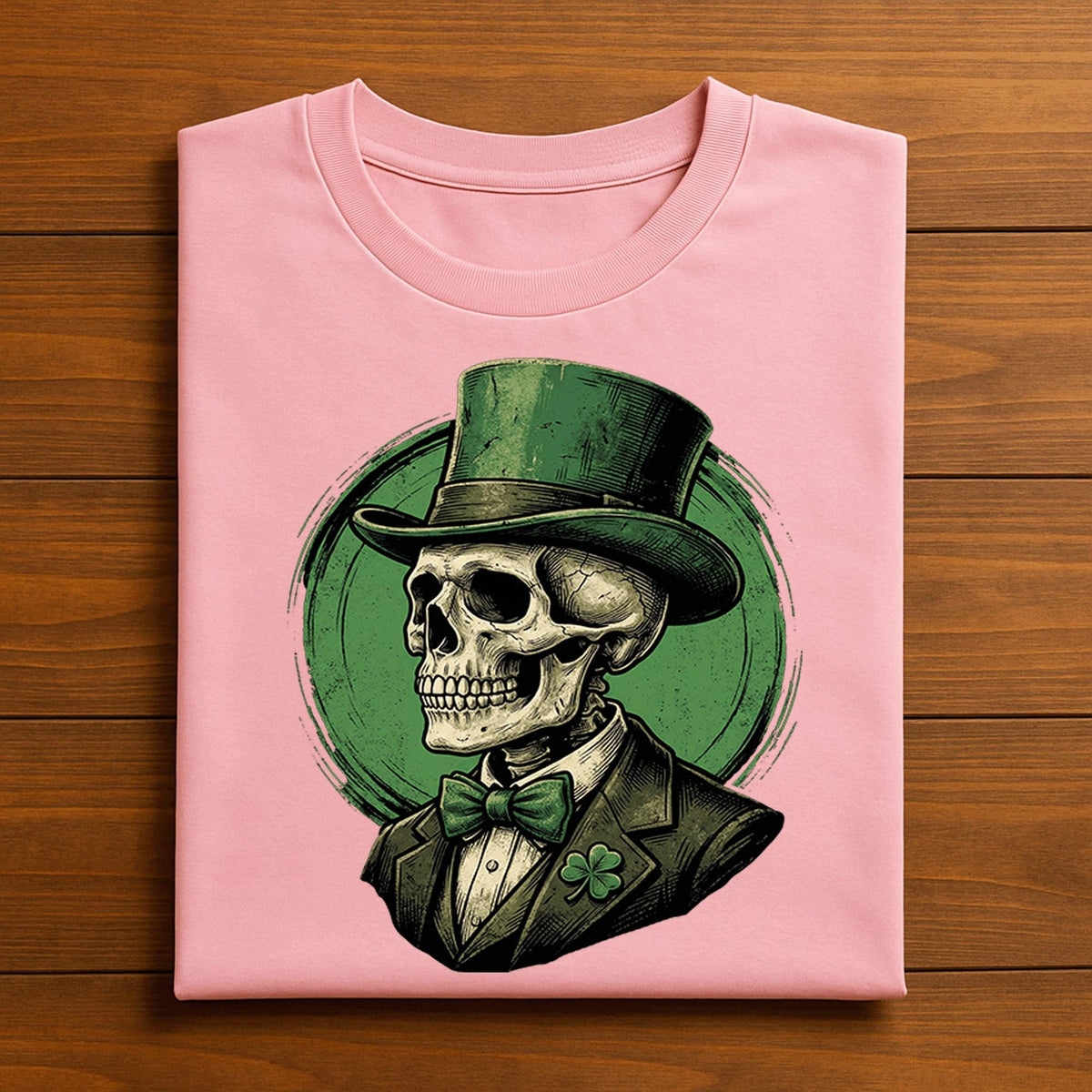 Vintage skeleton in green top hat and shamrock suit for gothic Irish St Patrick’s Day tee, creepy skull holiday shirt, Skull St Patricks Day