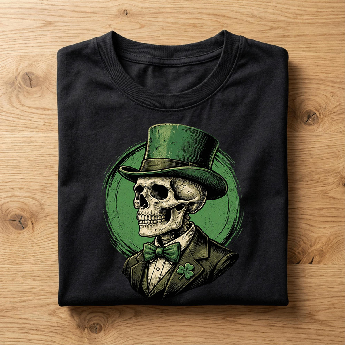 Vintage skeleton in green top hat and shamrock suit for gothic Irish St Patrick’s Day tee, creepy skull holiday shirt, Skull St Patricks Day