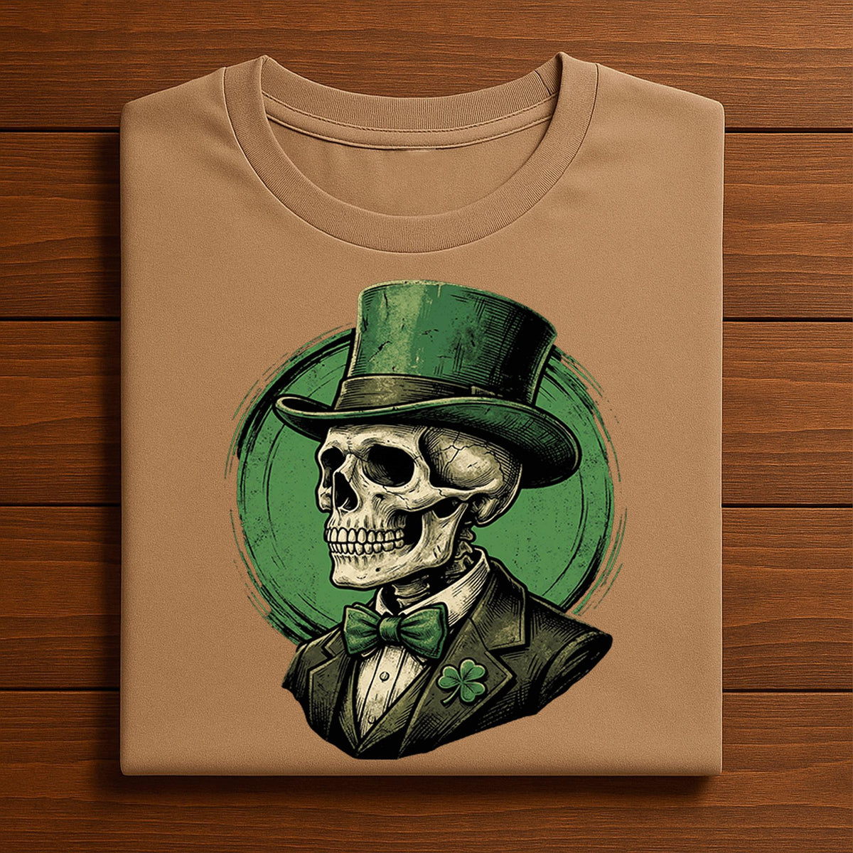 Vintage skeleton in green top hat and shamrock suit for gothic Irish St Patrick’s Day tee, creepy skull holiday shirt, Skull St Patricks Day
