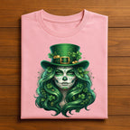 Sugar Skull St patricks Day Shirt Women Irish Skull Shamrock, Green Hair for Beautiful Spooky Irish St Patrick’s Day Tee