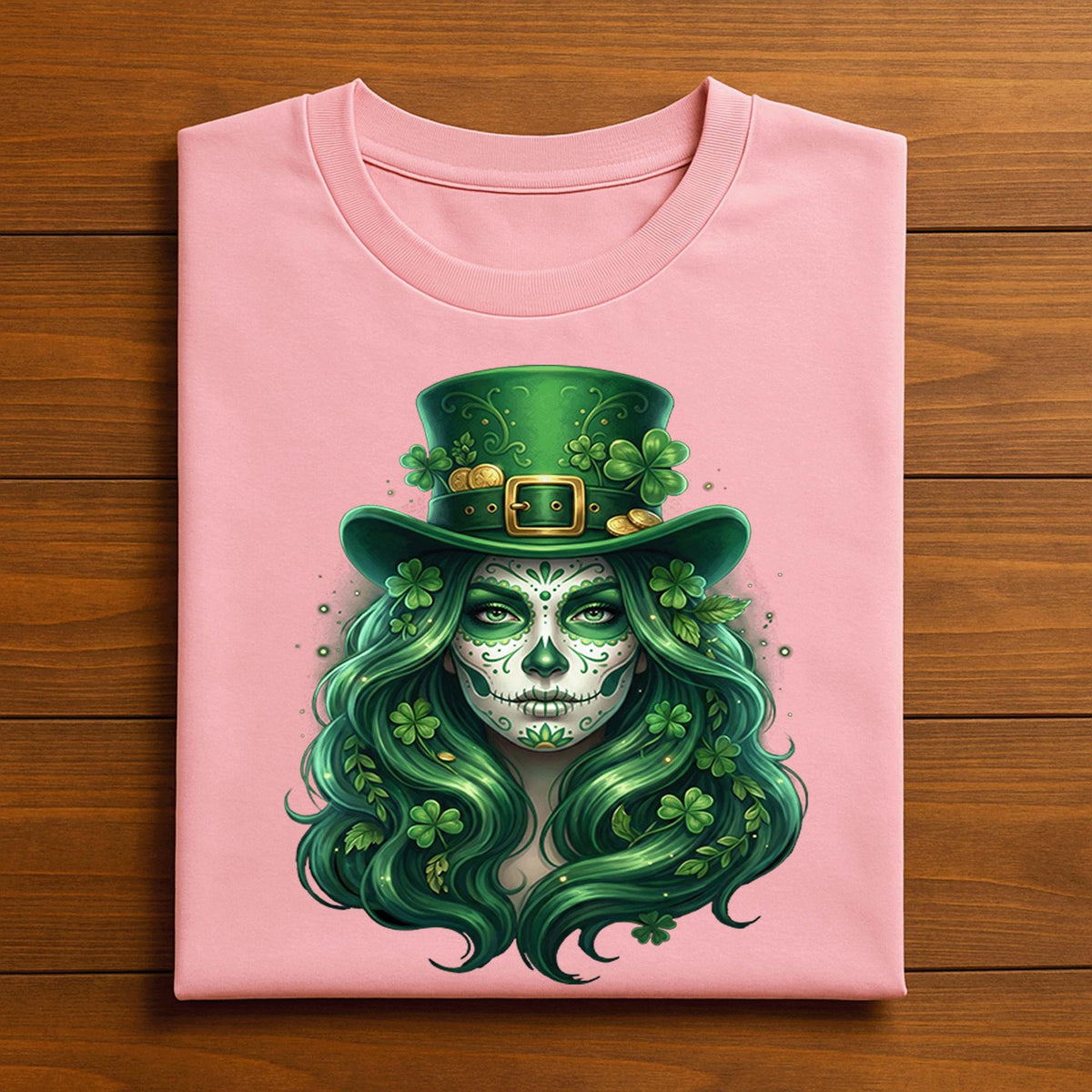 Sugar Skull St patricks Day Shirt Women Irish Skull Shamrock, Green Hair for Beautiful Spooky Irish St Patrick’s Day Tee
