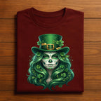 Sugar Skull St patricks Day Shirt Women Irish Skull Shamrock, Green Hair for Beautiful Spooky Irish St Patrick’s Day Tee