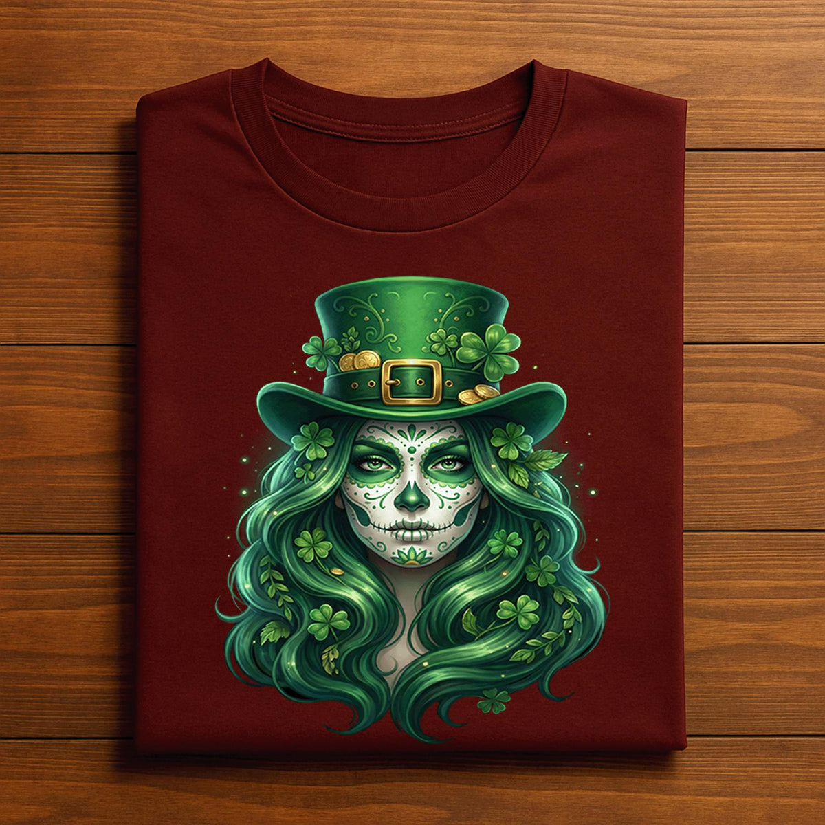 Sugar Skull St patricks Day Shirt Women Irish Skull Shamrock, Green Hair for Beautiful Spooky Irish St Patrick’s Day Tee