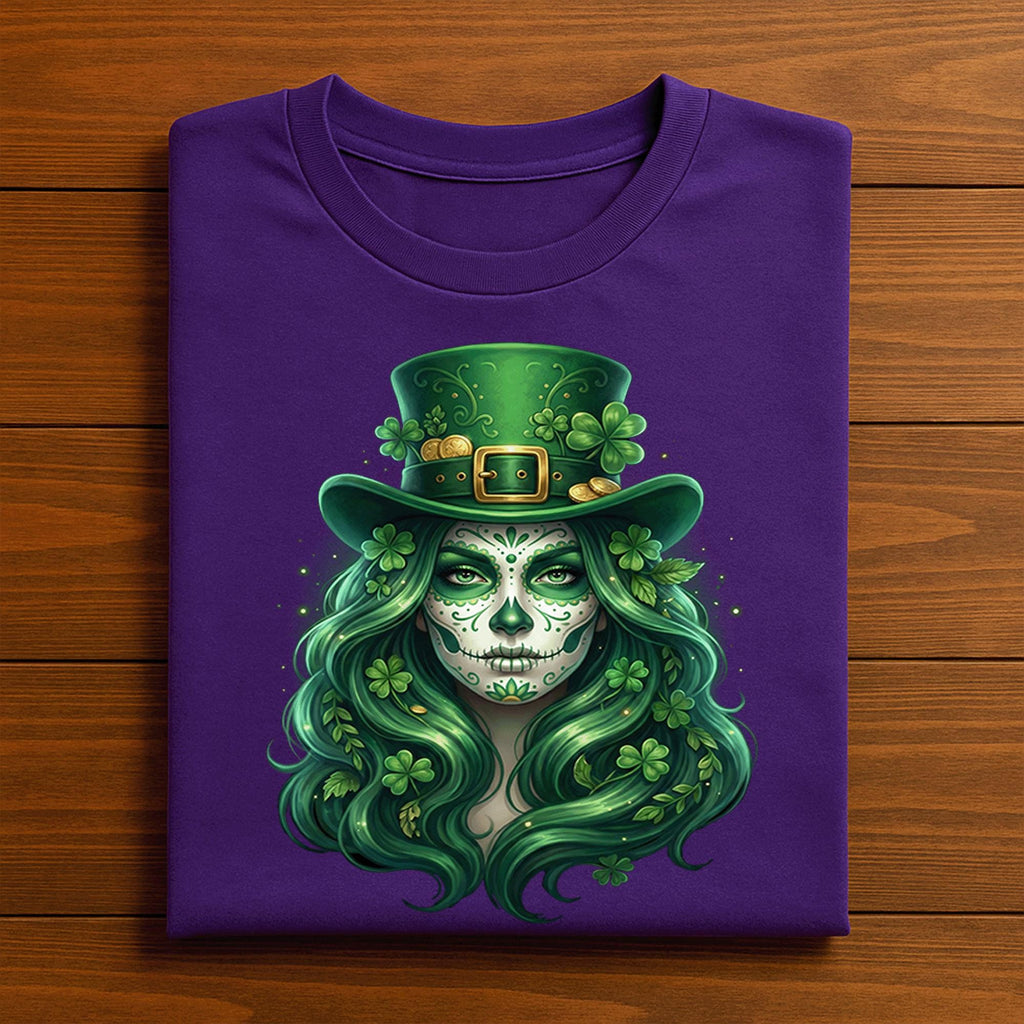 Sugar Skull St patricks Day Shirt Women Irish Skull Shamrock, Green Hair for Beautiful Spooky Irish St Patrick’s Day Tee