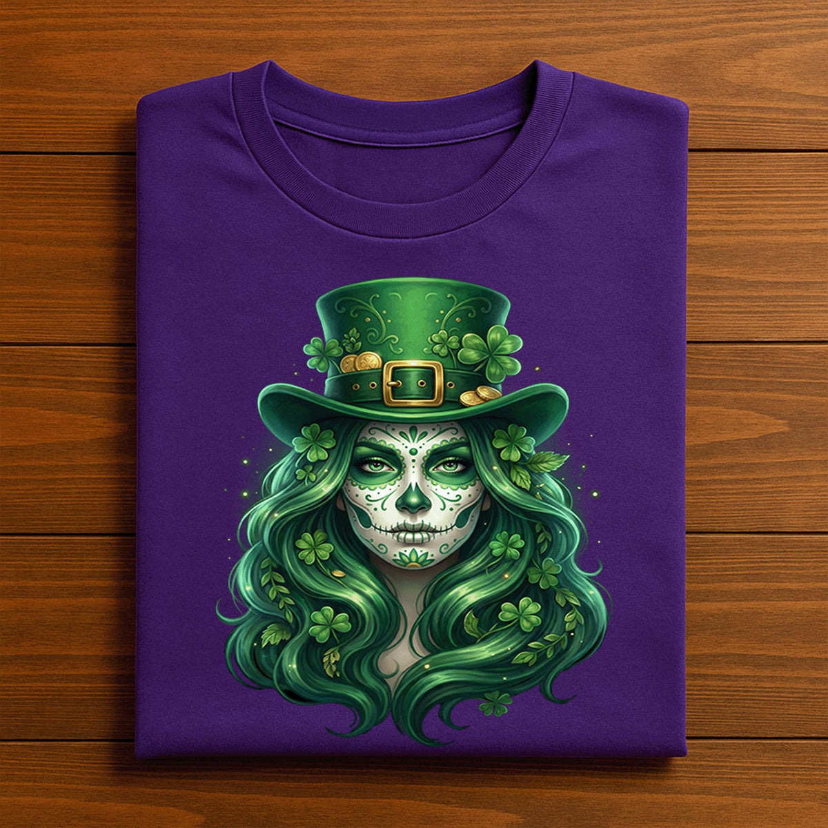 Sugar Skull St patricks Day Shirt Women Irish Skull Shamrock, Green Hair for Beautiful Spooky Irish St Patrick’s Day Tee