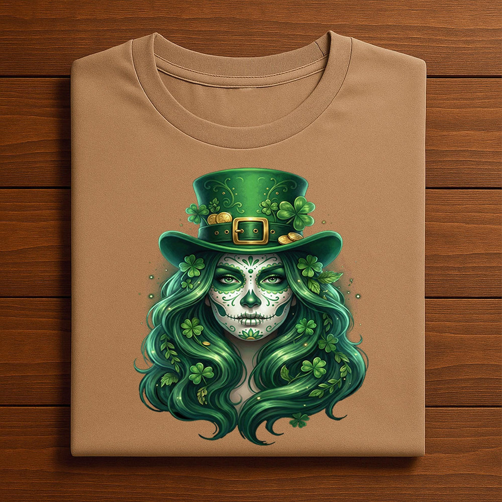 Sugar Skull St patricks Day Shirt Women Irish Skull Shamrock, Green Hair for Beautiful Spooky Irish St Patrick’s Day Tee