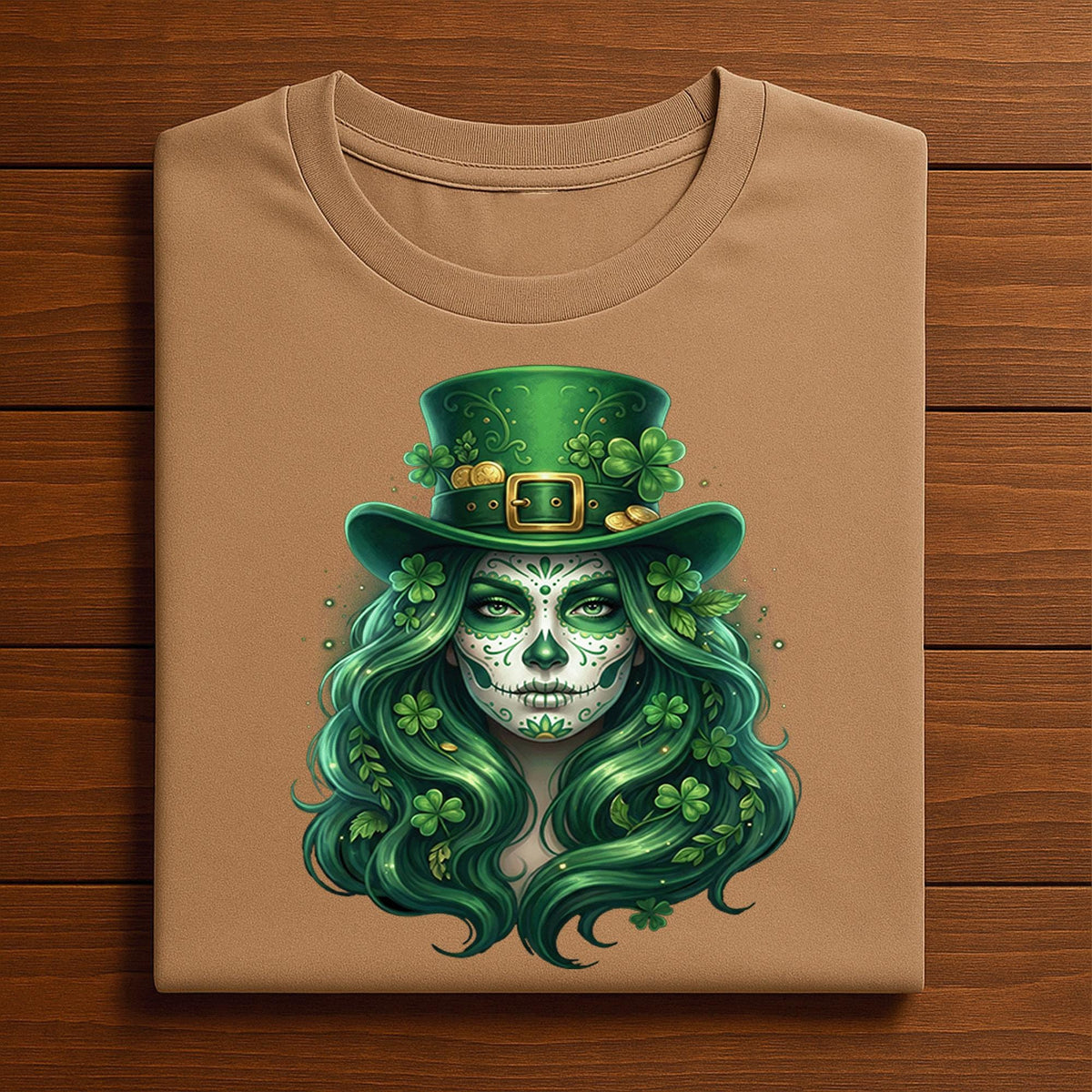 Sugar Skull St patricks Day Shirt Women Irish Skull Shamrock, Green Hair for Beautiful Spooky Irish St Patrick’s Day Tee