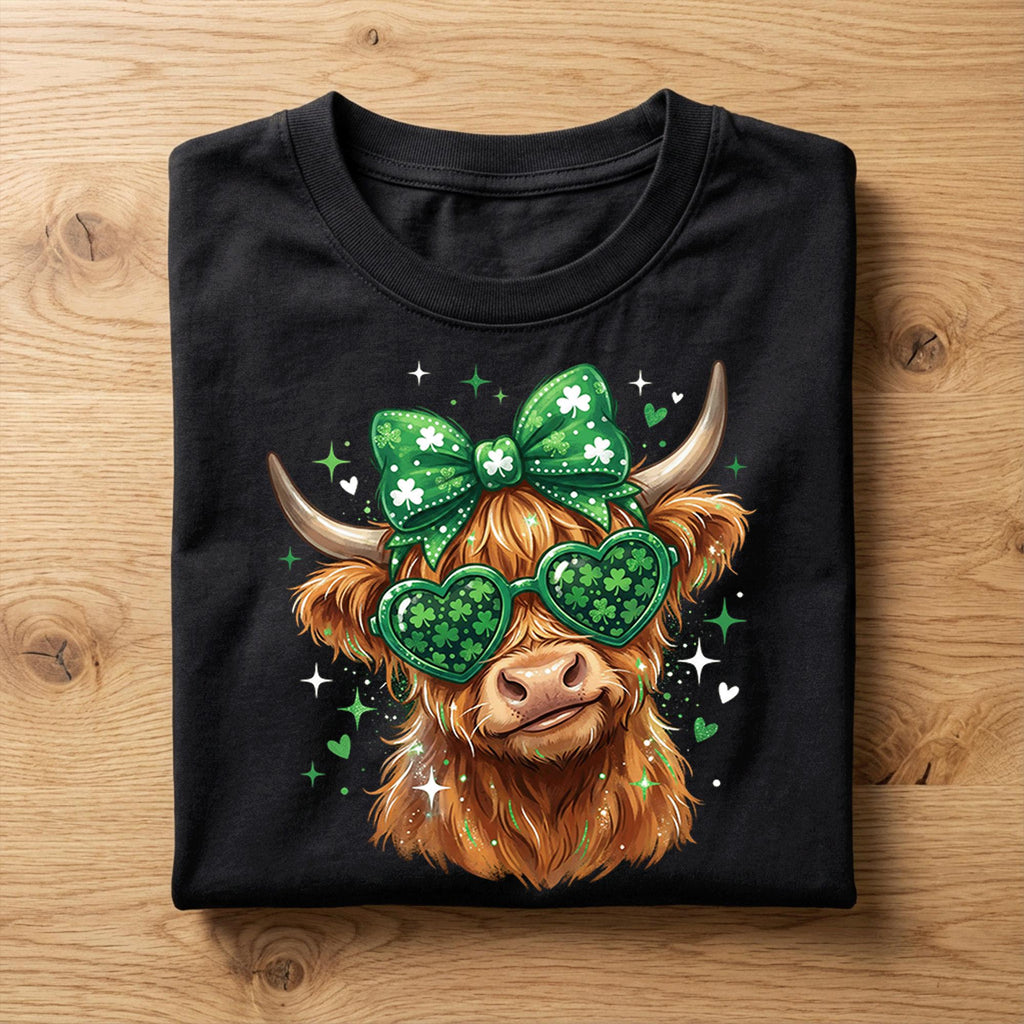 Farmer Highland Cow St Patrick’s Day Shirt Women Girl – Cute Cow with Shamrock Glasses Tee, Hoodie, Sweatshirt Lucky Farm Animal Gift