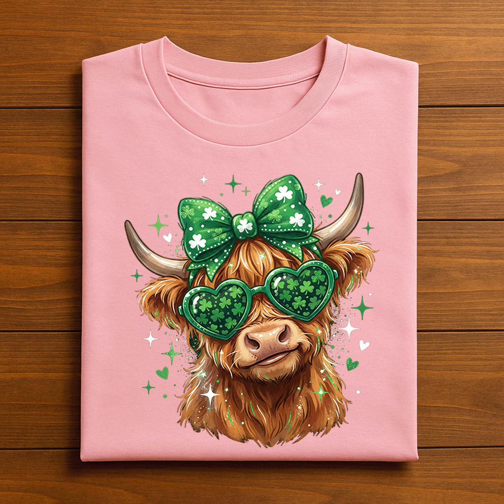 Farmer Highland Cow St Patrick’s Day Shirt Women Girl – Cute Cow with Shamrock Glasses Tee, Hoodie, Sweatshirt Lucky Farm Animal Gift