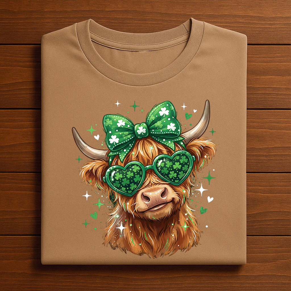 Farmer Highland Cow St Patrick’s Day Shirt Women Girl – Cute Cow with Shamrock Glasses Tee, Hoodie, Sweatshirt Lucky Farm Animal Gift