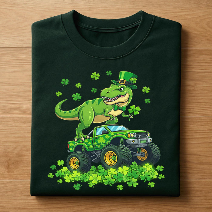 Funny St Patrick’s Day Dinosaur Shirt with Shamrock Monster Truck – T Rex Irish Tee, Hoodie