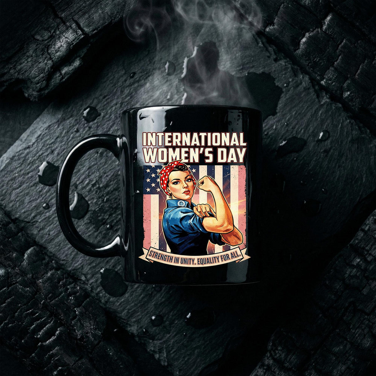 Rosie the Riveter International Women's Day Mug Strength in Unity USA Flag 8 March Cup Womens Day Coffee Mug