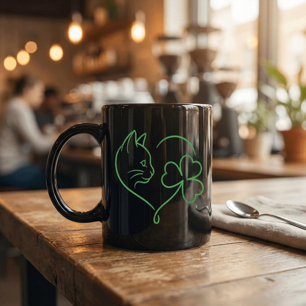 Lucky Cat & Shamrock Heart Mug Cats Coffee Mug Saint Paddy Cup