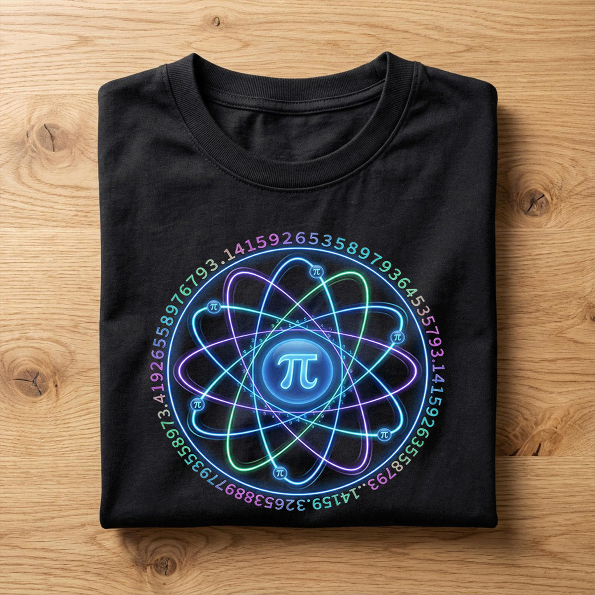 Pi Atom Shirt – Neon Science Math Symbol Tee with Digits Orbit, Hoodie
