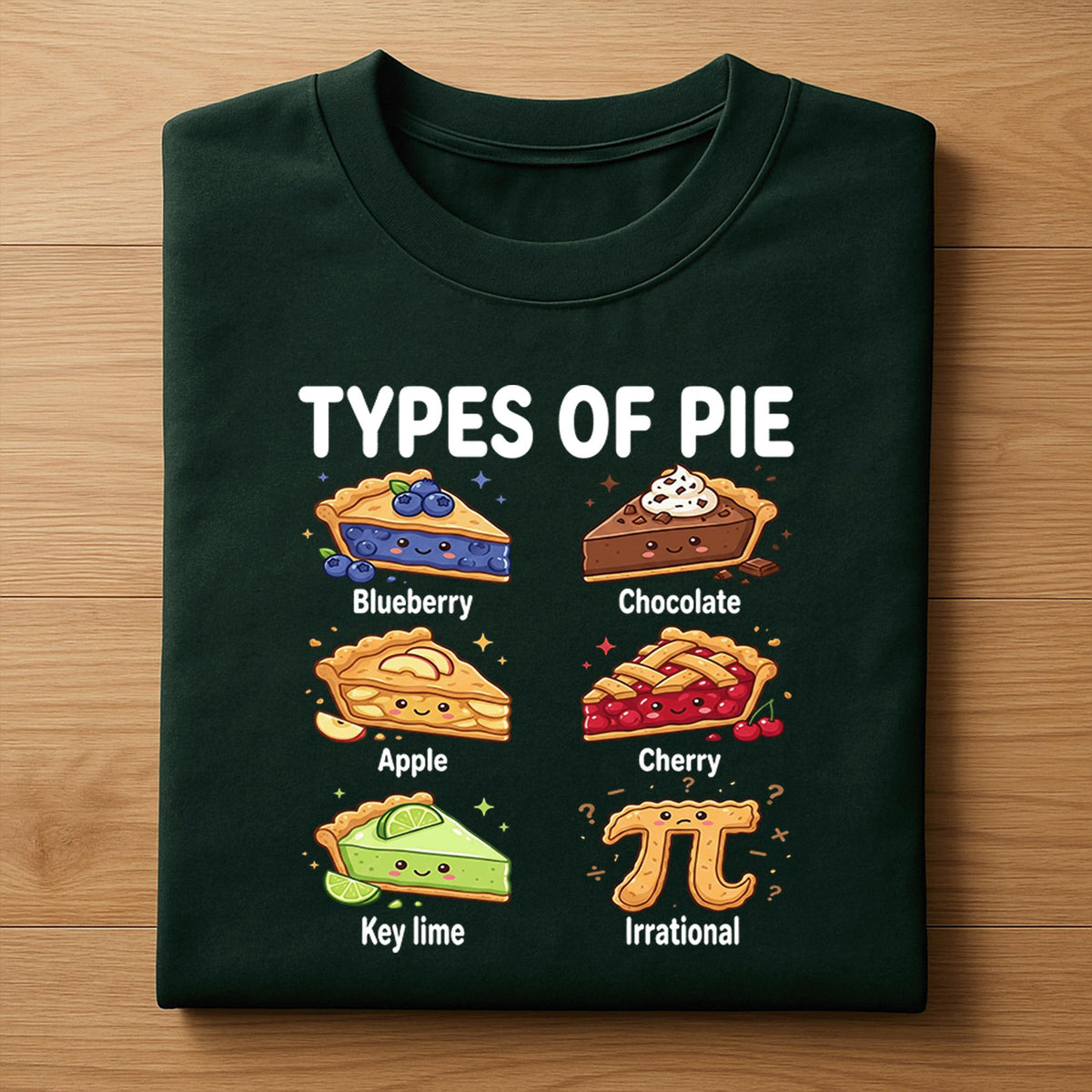 Types of Pie Shirt – Cute Kawaii Pi Day Dessert Tee with Funny Flavors, Hoodie, Sweatshirt Gift for Math Lovers, Foodies, Nerds