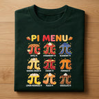 Pi Menu Shirt with 9 Flavors – Colorful Pie Math Tee, Hoodie, Sweatshirt Gift for Pi Day, Teachers, Nerds, Foodie Math Lovers