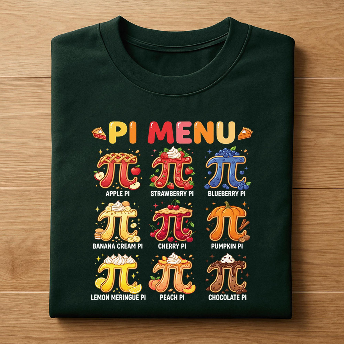 Pi Menu Shirt with 9 Flavors – Colorful Pie Math Tee, Hoodie, Sweatshirt Gift for Pi Day, Teachers, Nerds, Foodie Math Lovers
