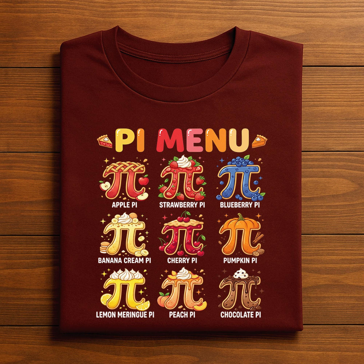 Pi Menu Shirt with 9 Flavors – Colorful Pie Math Tee, Hoodie, Sweatshirt Gift for Pi Day, Teachers, Nerds, Foodie Math Lovers