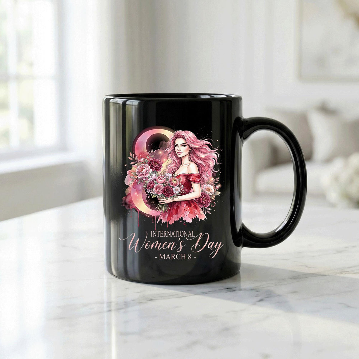 International Women's Day March 8 - Floral Pink Art Mug for Her Cup Womens Day Coffee Mug