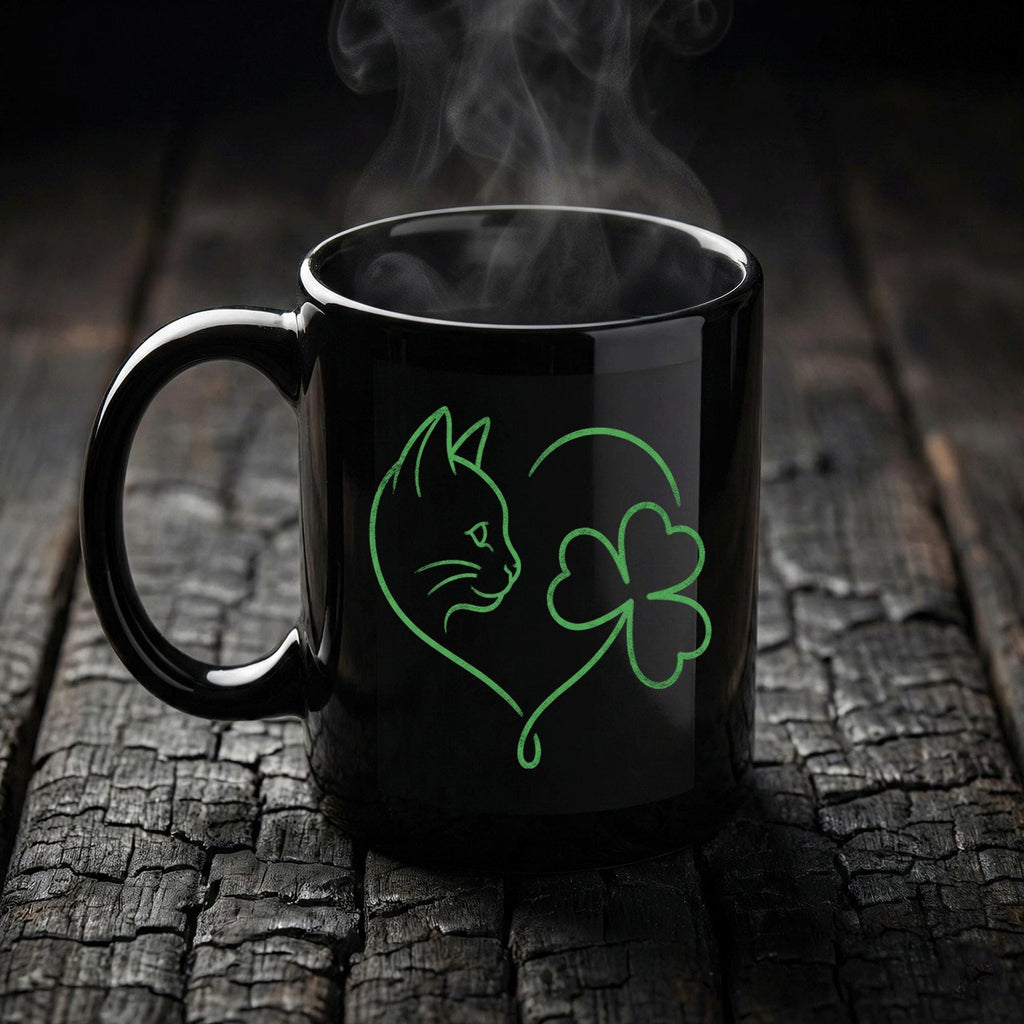 Lucky Cat & Shamrock Heart Mug Cats Coffee Mug Saint Paddy Cup