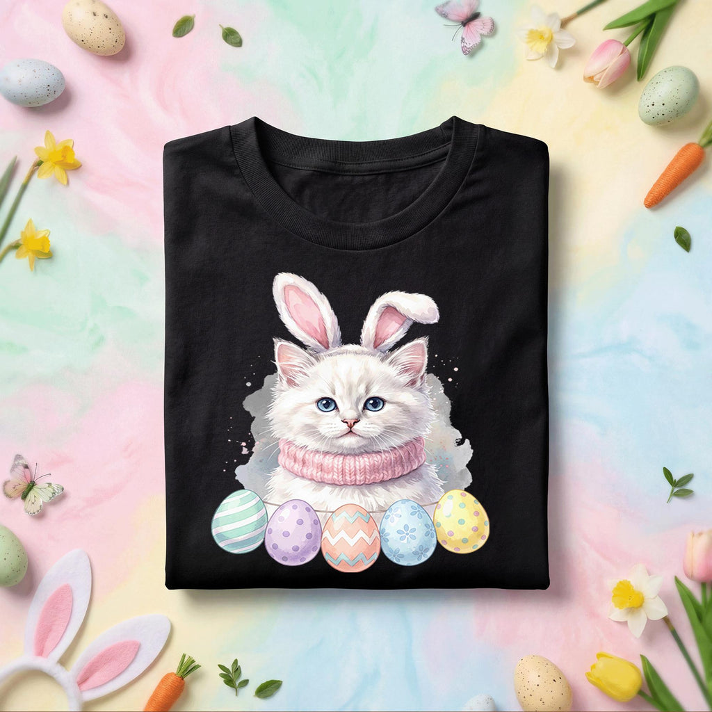 Cute Easter Bunny Cat Shirt, Kitten With Bunny Ears Easter Tee, Pastel Easter Eggs Cat Lover Shirt, Spring Holiday Graphic Tee Gift