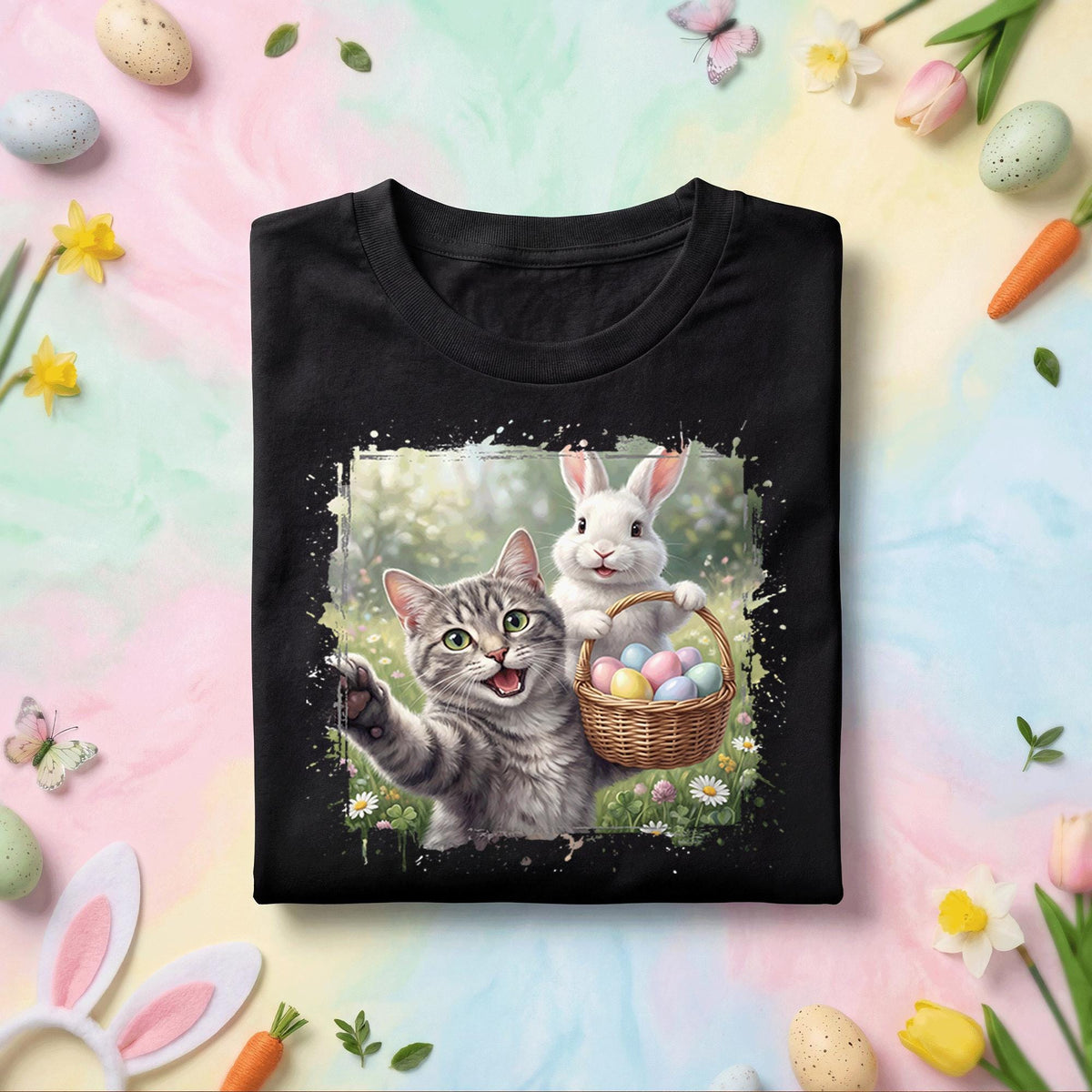 Cute Easter Cat and Bunny Shirt, Easter Egg Basket Cat Lover Tee