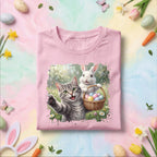 Cute Easter Cat and Bunny Shirt, Easter Egg Basket Cat Lover Tee, Funny Spring Easter Bunny Graphic Shirt, Cat Lover Holiday Gift Tee