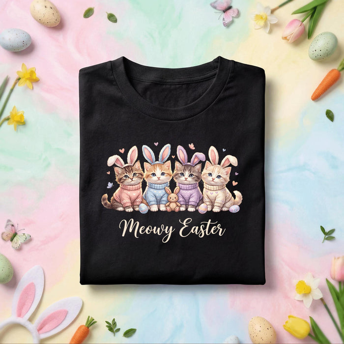 Meowy Easter Cat Shirt, Cute Kittens With Bunny Ears Easter Tee