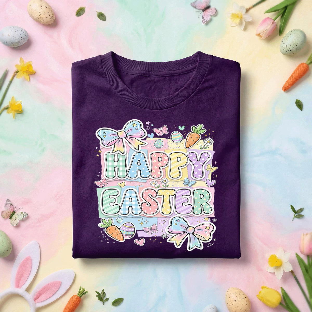 Happy Easter Pastel Bunny Shirt, Cute Easter Bow Bunny Graphic Tee, Kawaii Spring Easter Shirt, Egg Hunt Holiday Gift Tee