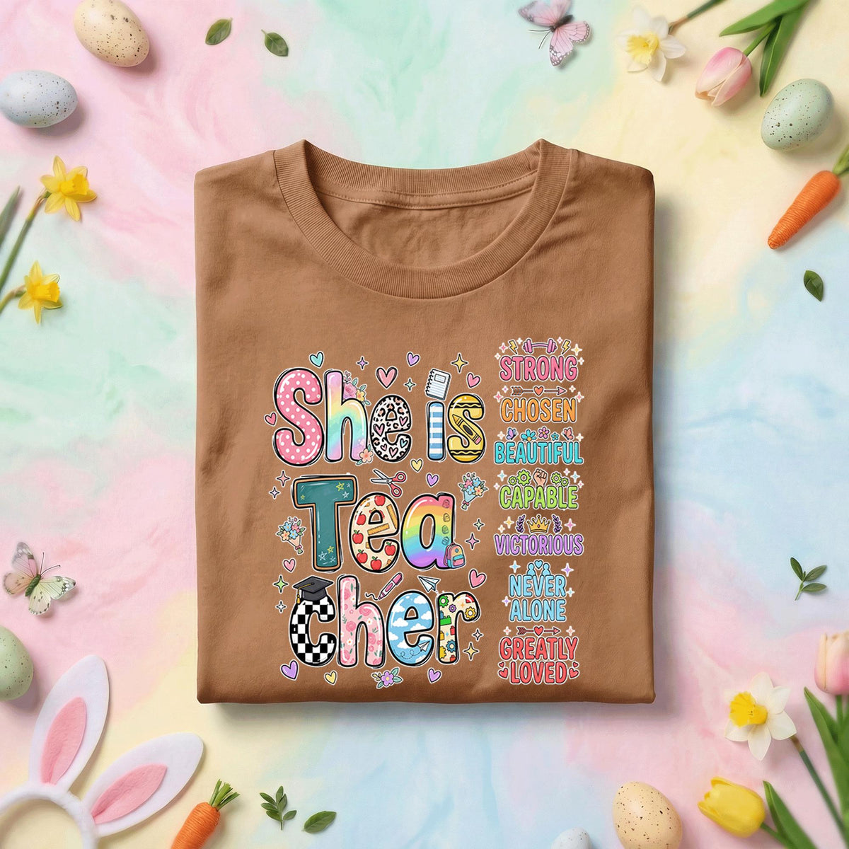 She Is Tea Cher Teacher Shirt Inspirational Teacher Appreciation Gift Cute Retro Teacher Tee Strong Chosen Beautiful Teacher Shirt