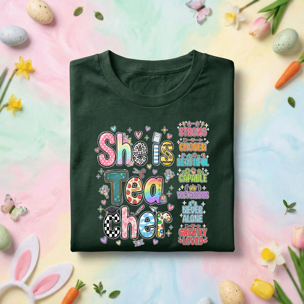 She Is Tea Cher Teacher Shirt Inspirational Teacher Appreciation Gift Cute Retro Teacher Tee Strong Chosen Beautiful Teacher Shirt