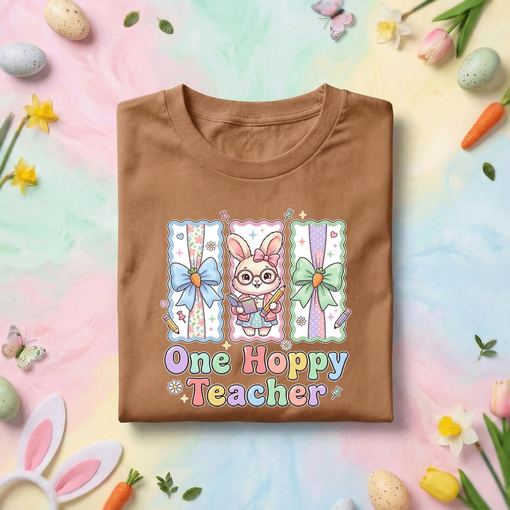 One Hoppy Teacher Easter Shirt Cute Bunny Teacher Tee Pastel Easter Classroom Shirt Funny Teacher Easter Gift Spring Teacher Shirt