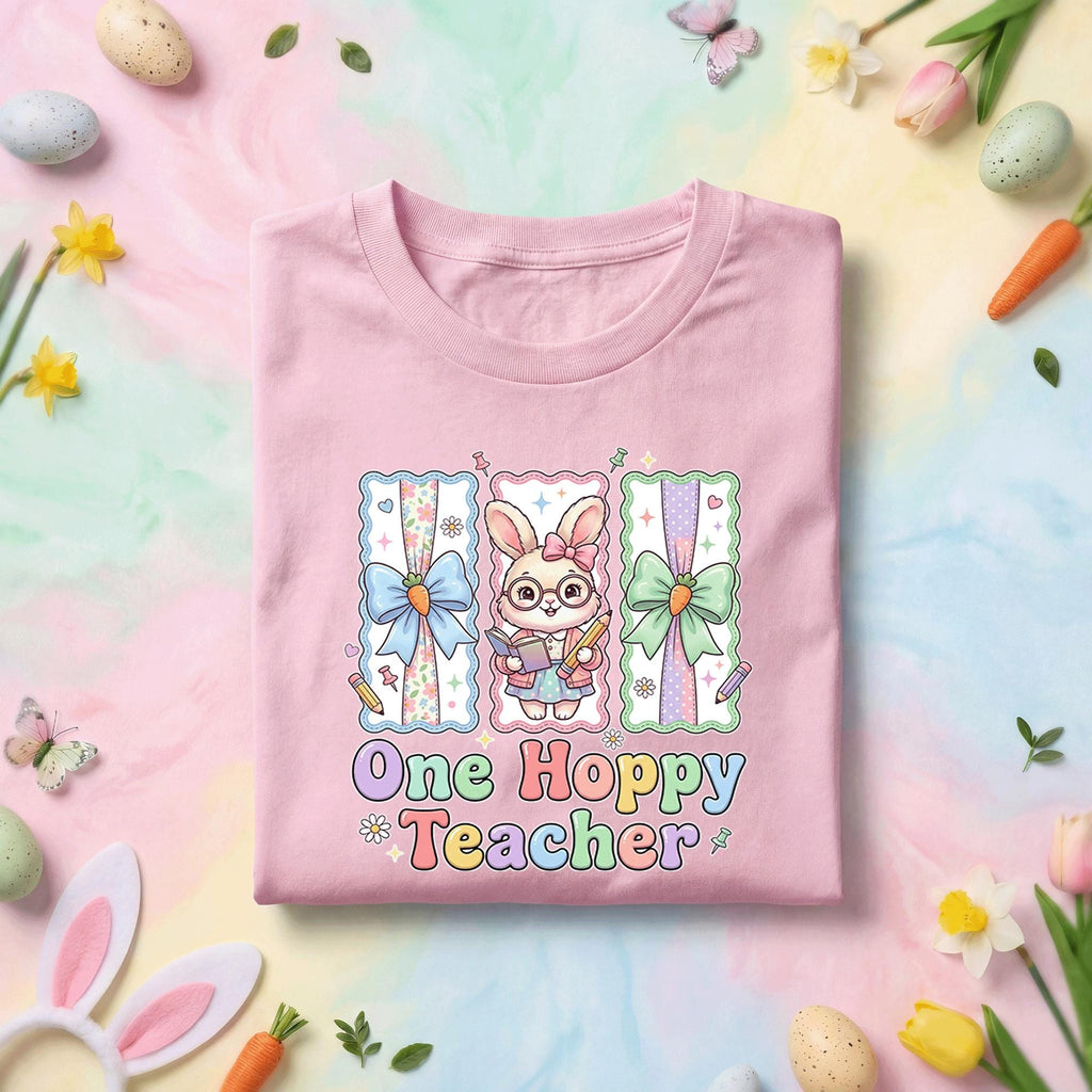 One Hoppy Teacher Easter Shirt Cute Bunny Teacher Tee Pastel Easter Classroom Shirt Funny Teacher Easter Gift Spring Teacher Shirt