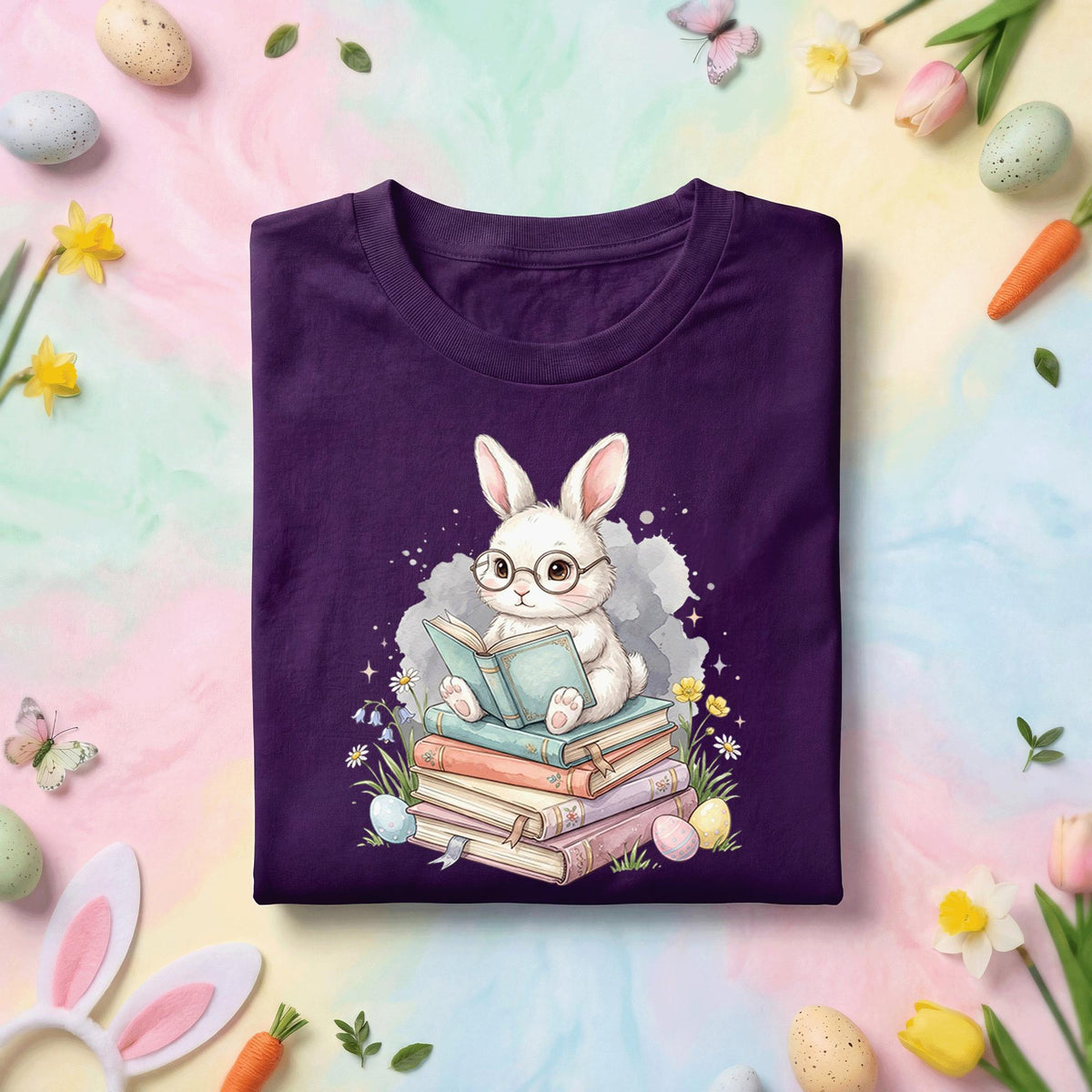 Cute Reading Bunny Easter Shirt Book Lover Bunny Shirt Spring Reading Teacher Tee Librarian Easter Gift Bunny Bookworm Shirt