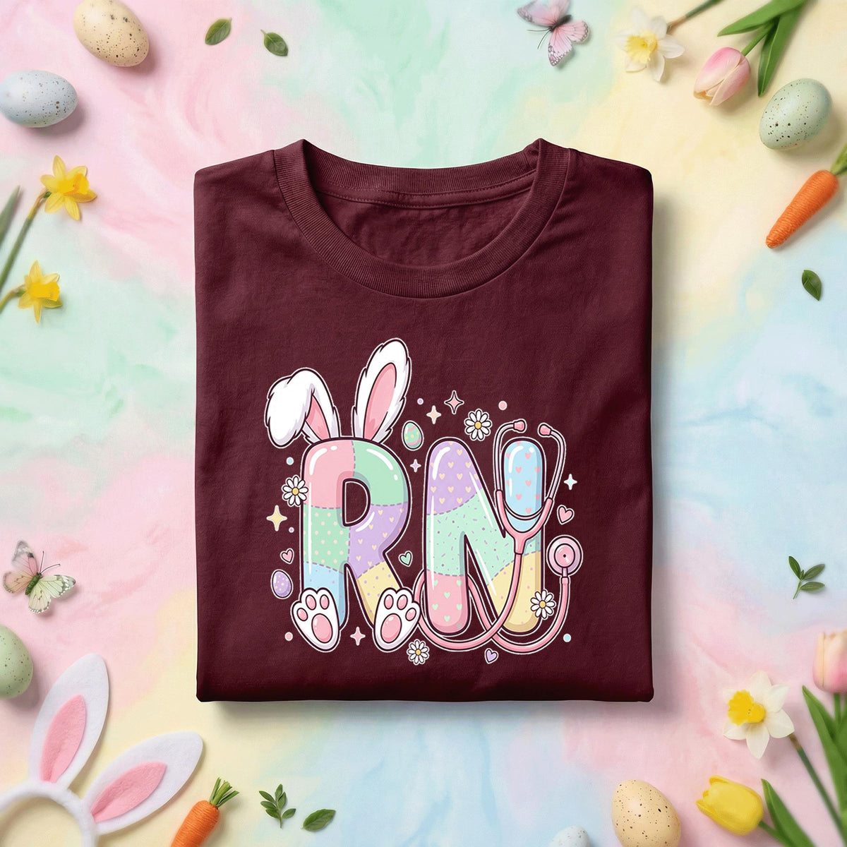 RN Easter Shirt Cute Nurse Bunny Shirt Pastel RN Nurse Gift Spring Stethoscope Tee