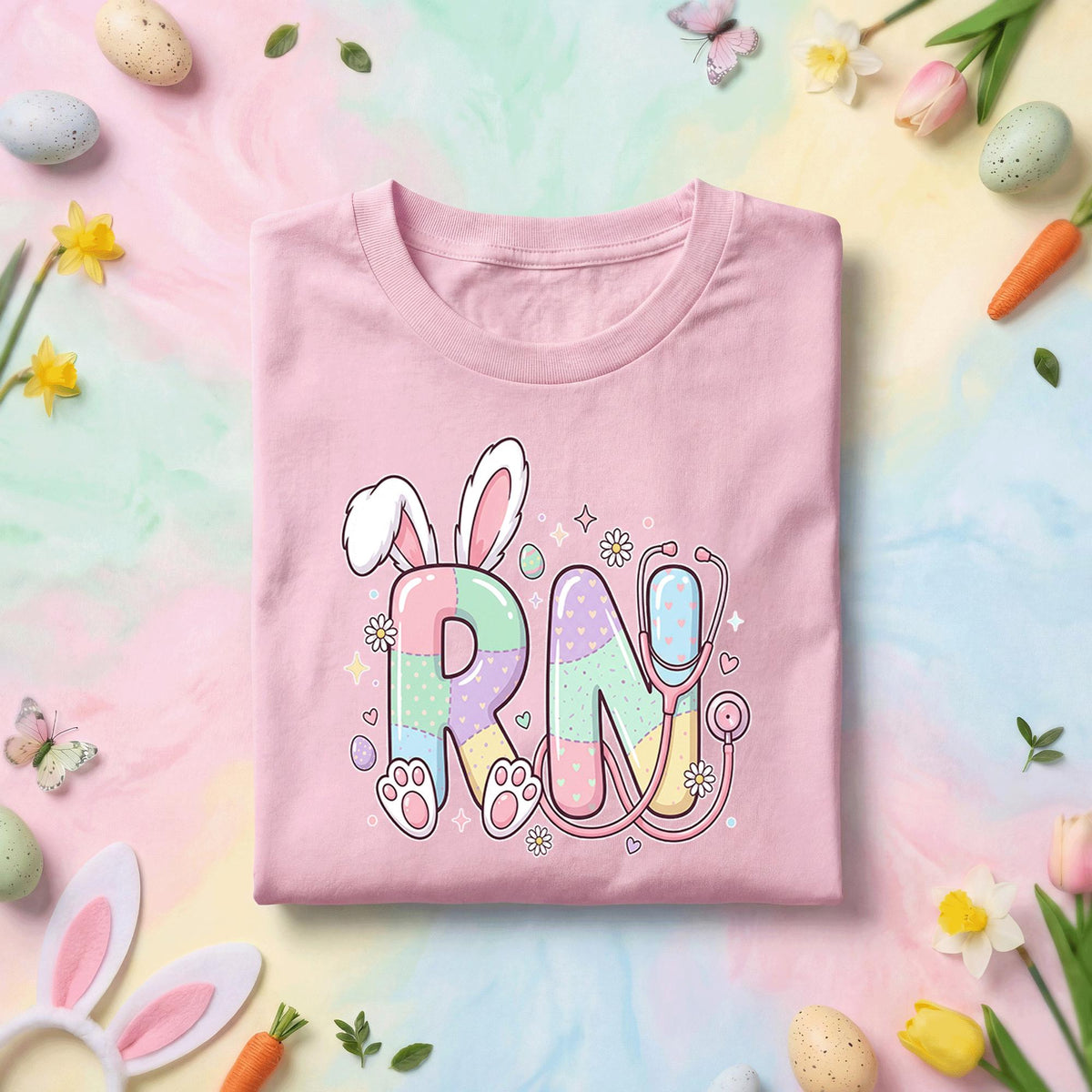 RN Easter Shirt Cute Nurse Bunny Shirt Pastel RN Nurse Gift Spring Stethoscope Tee