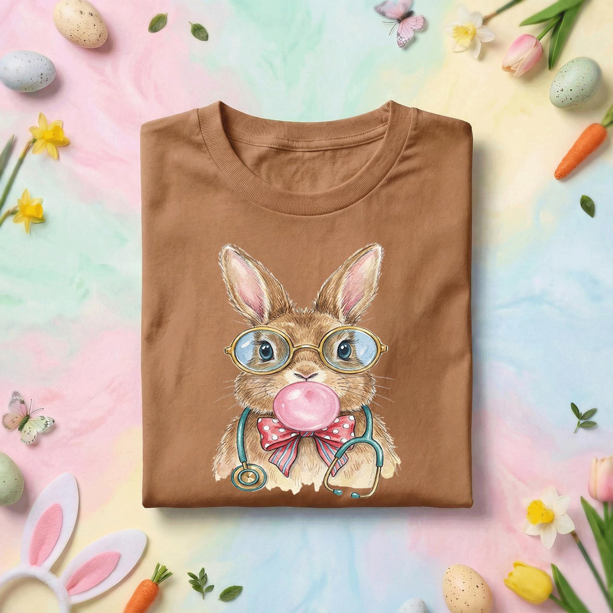 Cute Bunny Nurse Shirt with Glasses and Stethoscope - Easter Nurse Gift