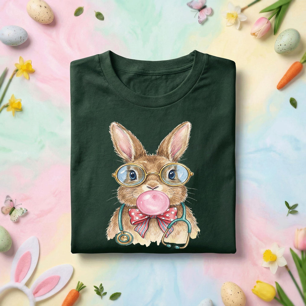 Cute Bunny Nurse Shirt with Glasses and Stethoscope - Easter Nurse Gift