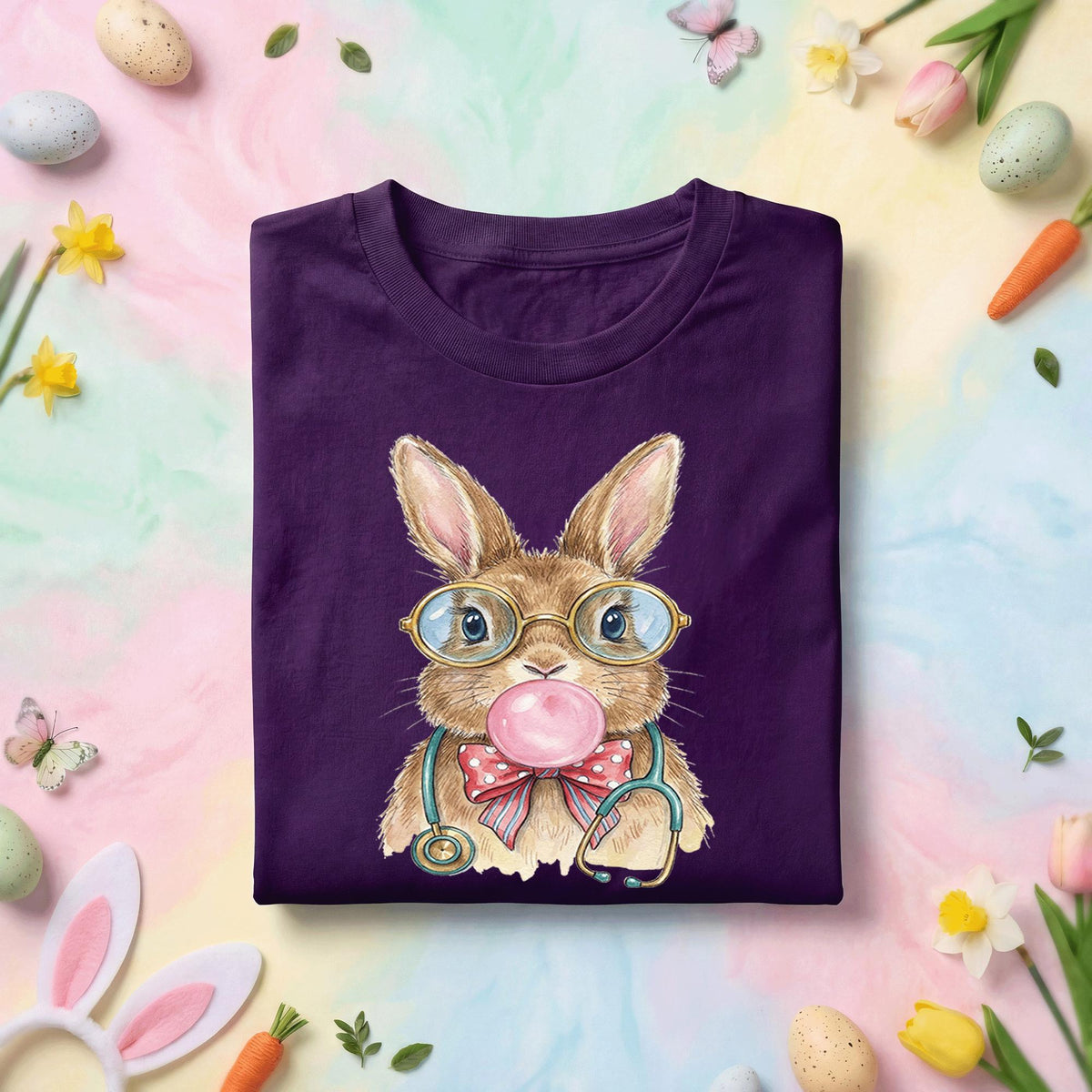 Cute Bunny Nurse Shirt with Glasses and Stethoscope - Easter Nurse Gift