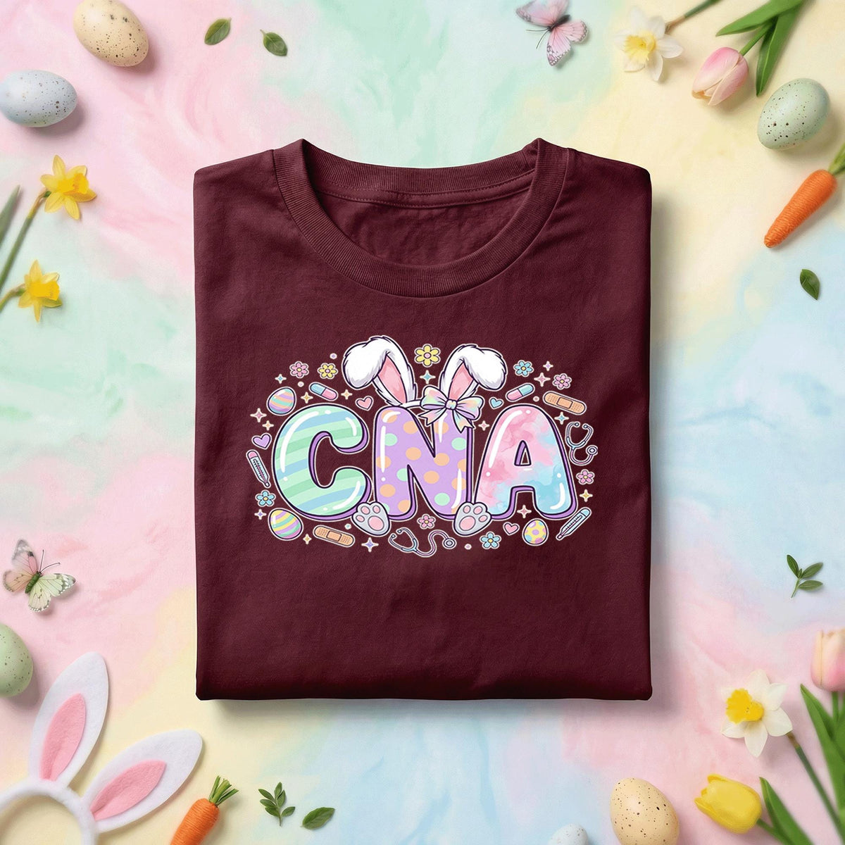Pastel CNA Easter Bunny Nurse Shirt, Cute Certified Nursing Assistant Easter Tee, Spring Healthcare Gift, Bunny Ear CNA Graphic T Shirt