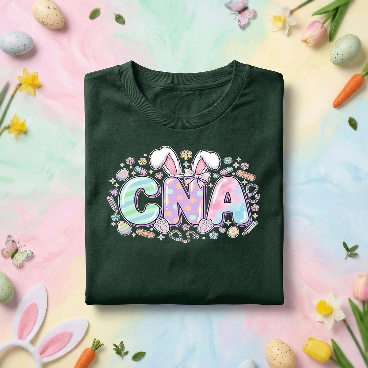 Pastel CNA Easter Bunny Nurse Shirt, Cute Certified Nursing Assistant Easter Tee, Spring Healthcare Gift, Bunny Ear CNA Graphic T Shirt