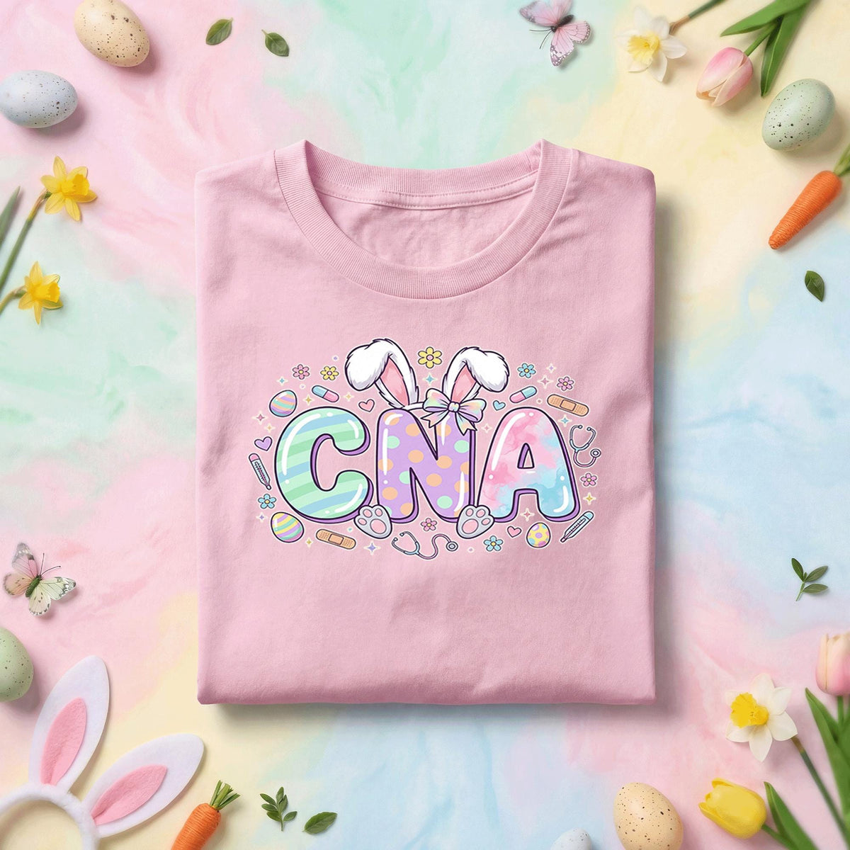 Pastel CNA Easter Bunny Nurse Shirt, Cute Certified Nursing Assistant Easter Tee, Spring Healthcare Gift, Bunny Ear CNA Graphic T Shirt