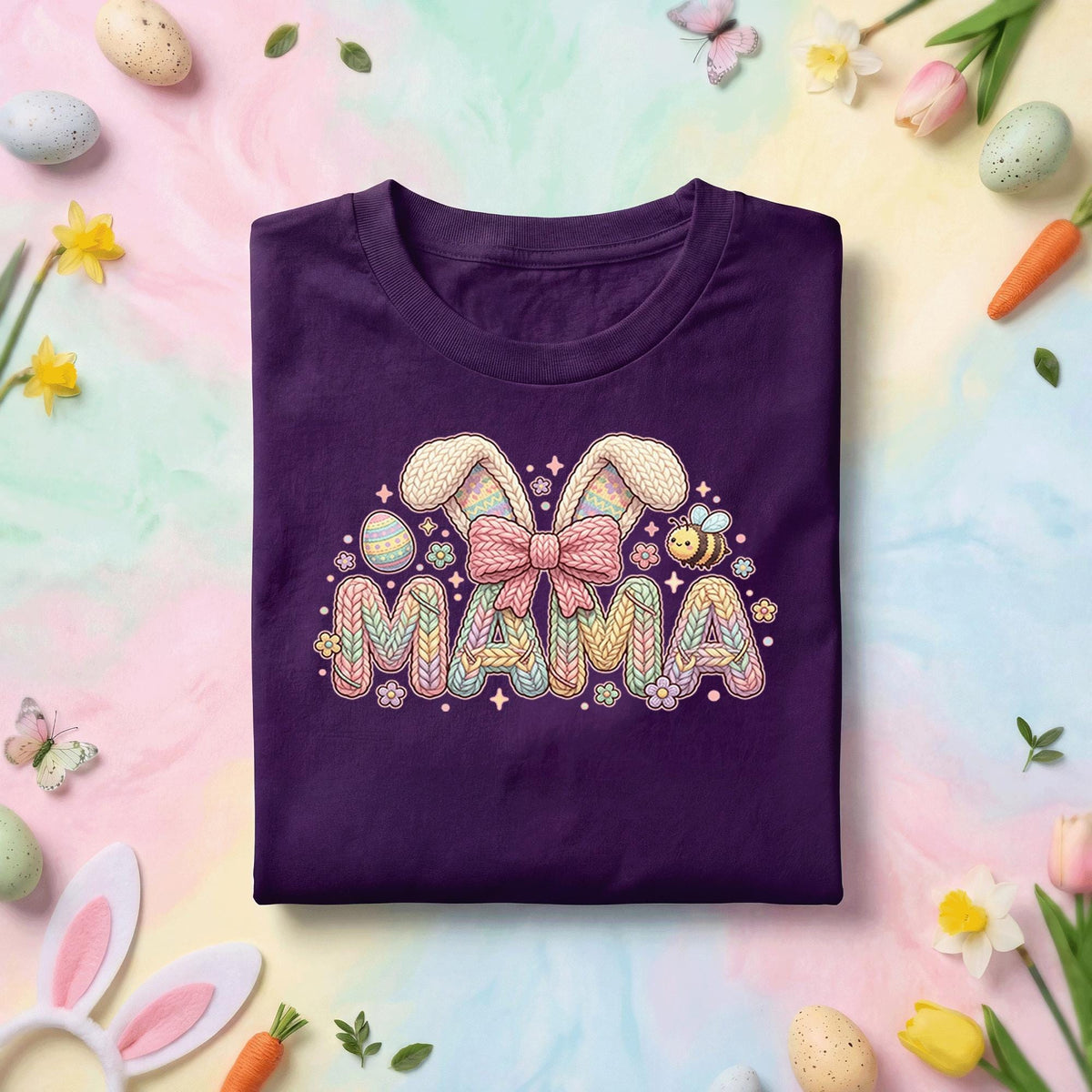 Pastel Mama Easter Bunny Shirt, Cute Spring Mom Graphic Tee, Knit Pattern Bunny Ears, Easter Egg & Bee Mother's Day Gift Top