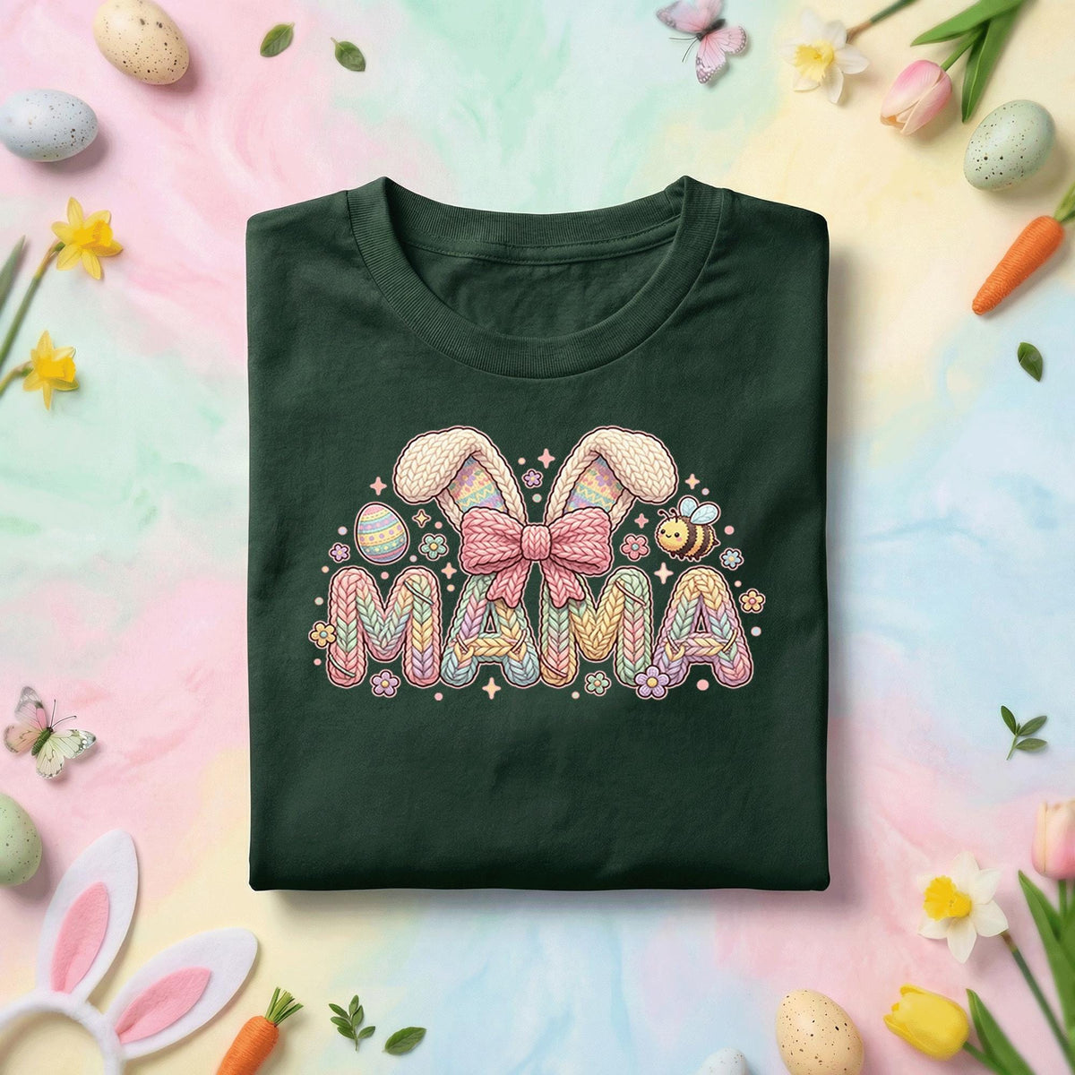 Pastel Mama Easter Bunny Shirt, Cute Spring Mom Graphic Tee, Knit Pattern Bunny Ears, Easter Egg & Bee Mother's Day Gift Top