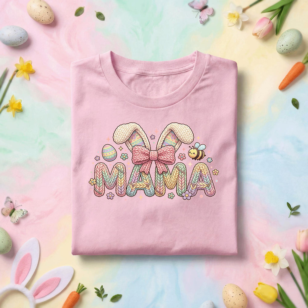 Pastel Mama Easter Bunny Shirt, Cute Spring Mom Graphic Tee, Knit Pattern Bunny Ears, Easter Egg & Bee Mother's Day Gift Top